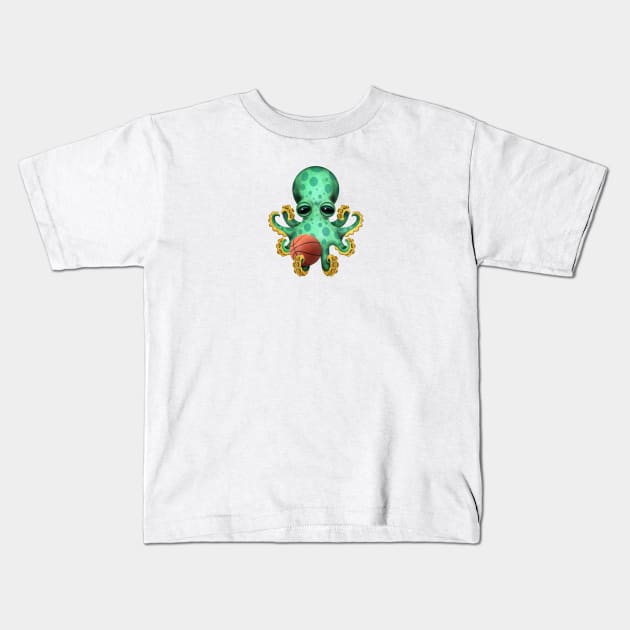 Cute Baby Octopus Playing With Basketball Kids T-Shirt by jeffbartels